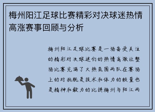 梅州阳江足球比赛精彩对决球迷热情高涨赛事回顾与分析