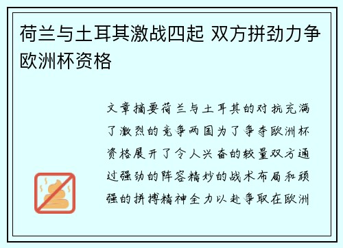 荷兰与土耳其激战四起 双方拼劲力争欧洲杯资格