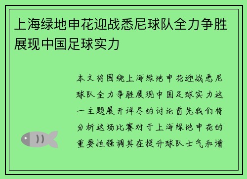 上海绿地申花迎战悉尼球队全力争胜展现中国足球实力